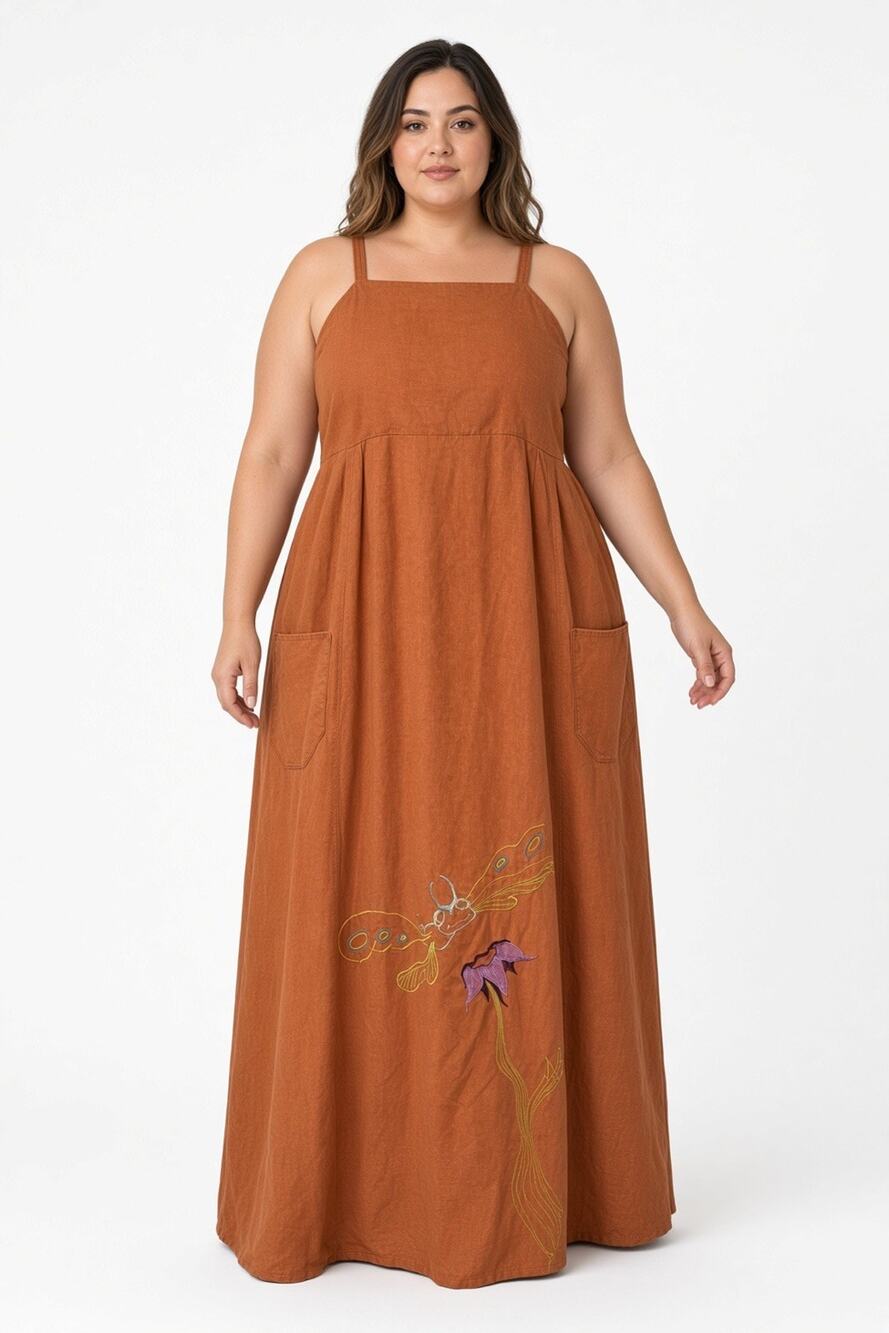 Handmade Orange Hemp Emboidered Firefly Flower Maxi Dress Hippie Tall 2X-4X